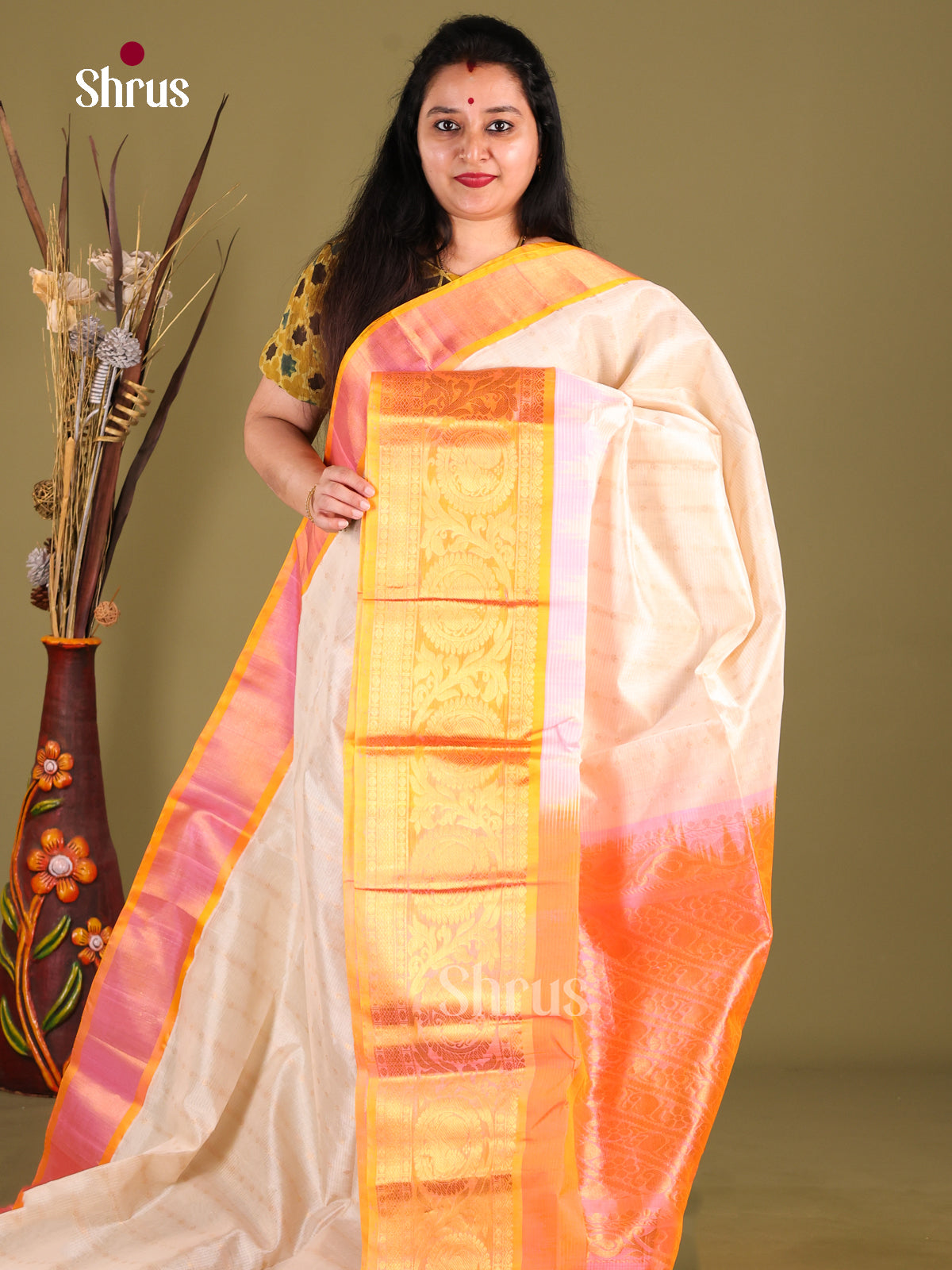 Cream  & Orange Silk Cotton Korvai-kattams Saree