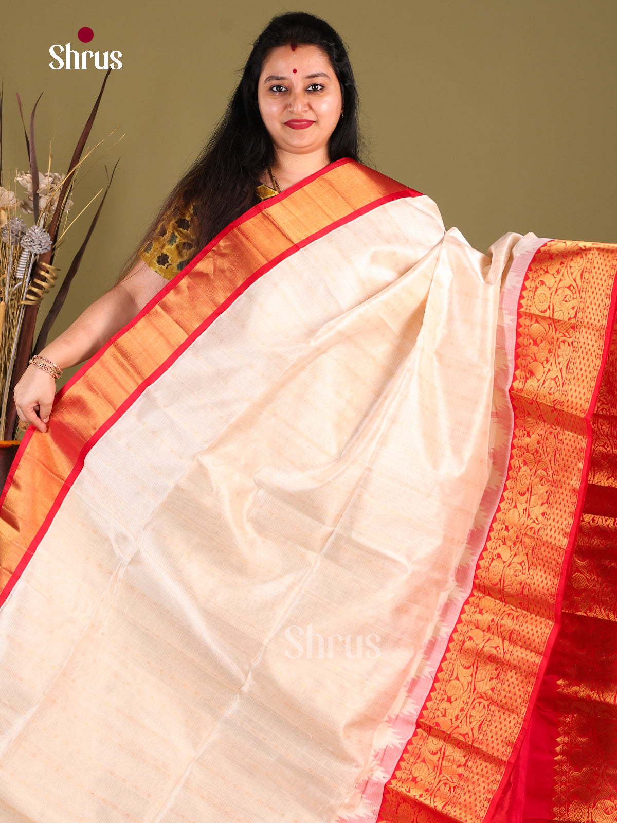 Cream  & Red Silk Cotton Korvai-kattams Saree
