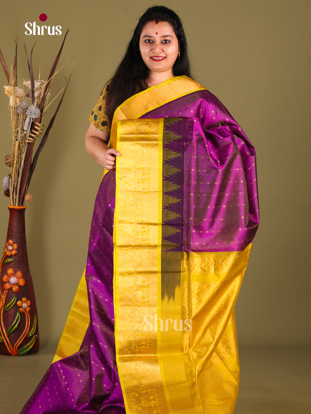Violet & Yellow Silk Cotton Korvai-kattams Saree 