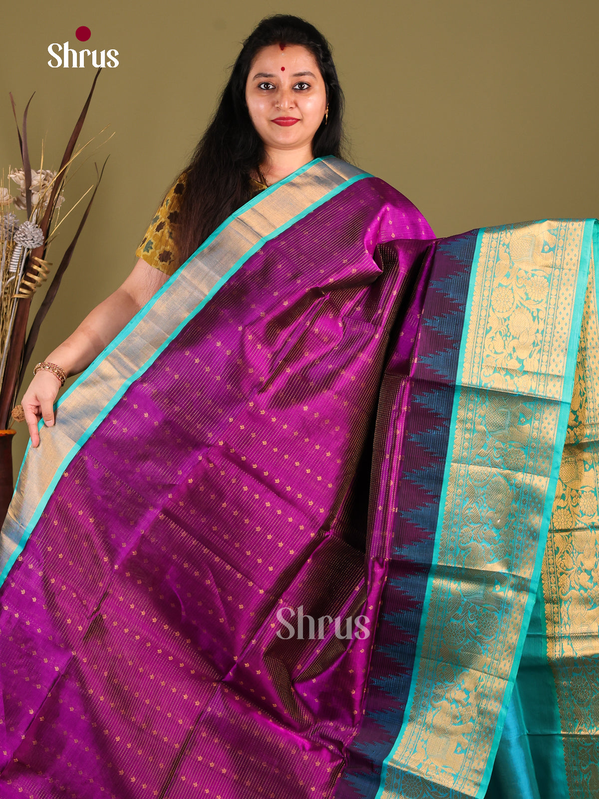 Violet & Blue Silk Cotton Korvai-kattams Saree - Shop on Shrus.com