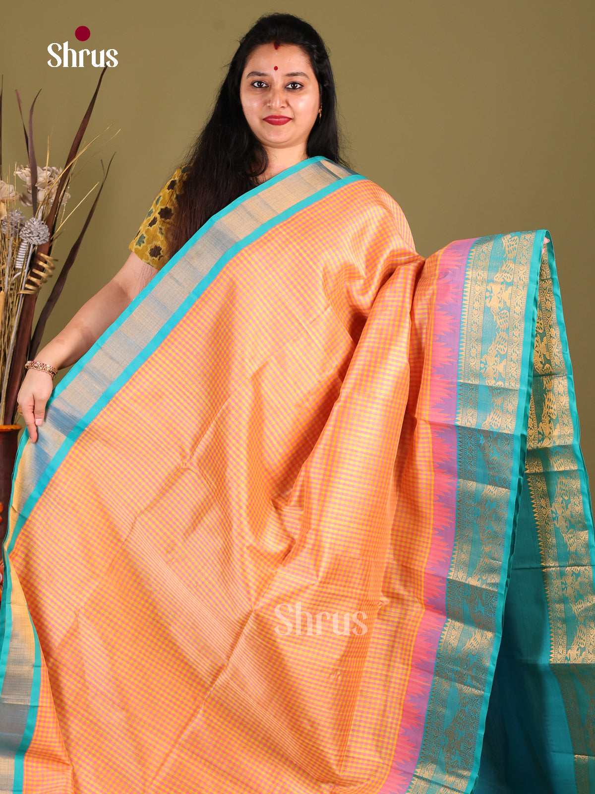 Peach & Teal Silk Cotton  Korvai-kattams Saree - Shop on Shrus.com