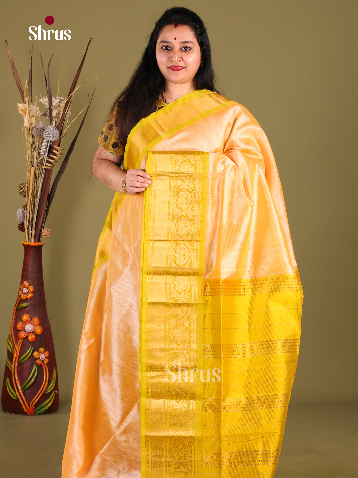 Peach & Yellow Silk Cotton Korvai-Big border Saree - Shop on Shrus.com