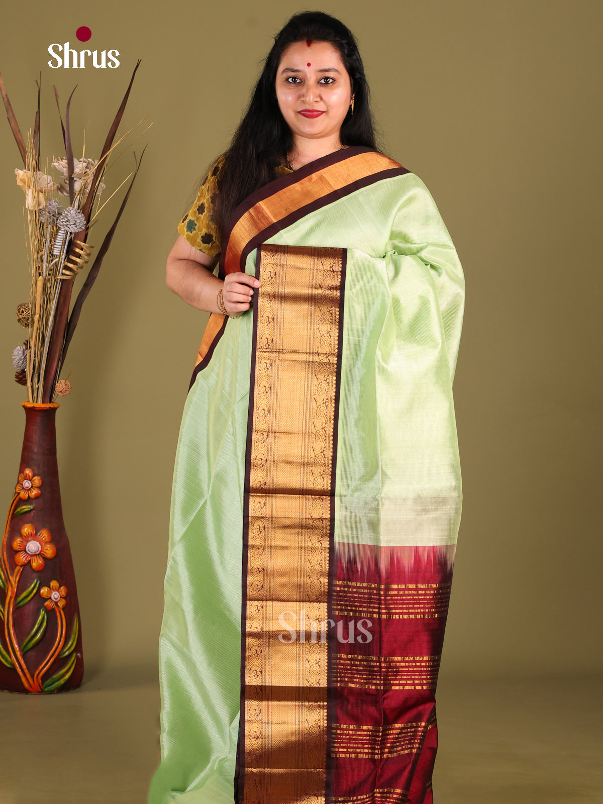 Pista Green & Brown Silk Cotton Korvai-Big border Saree - Shop on Shrus.com