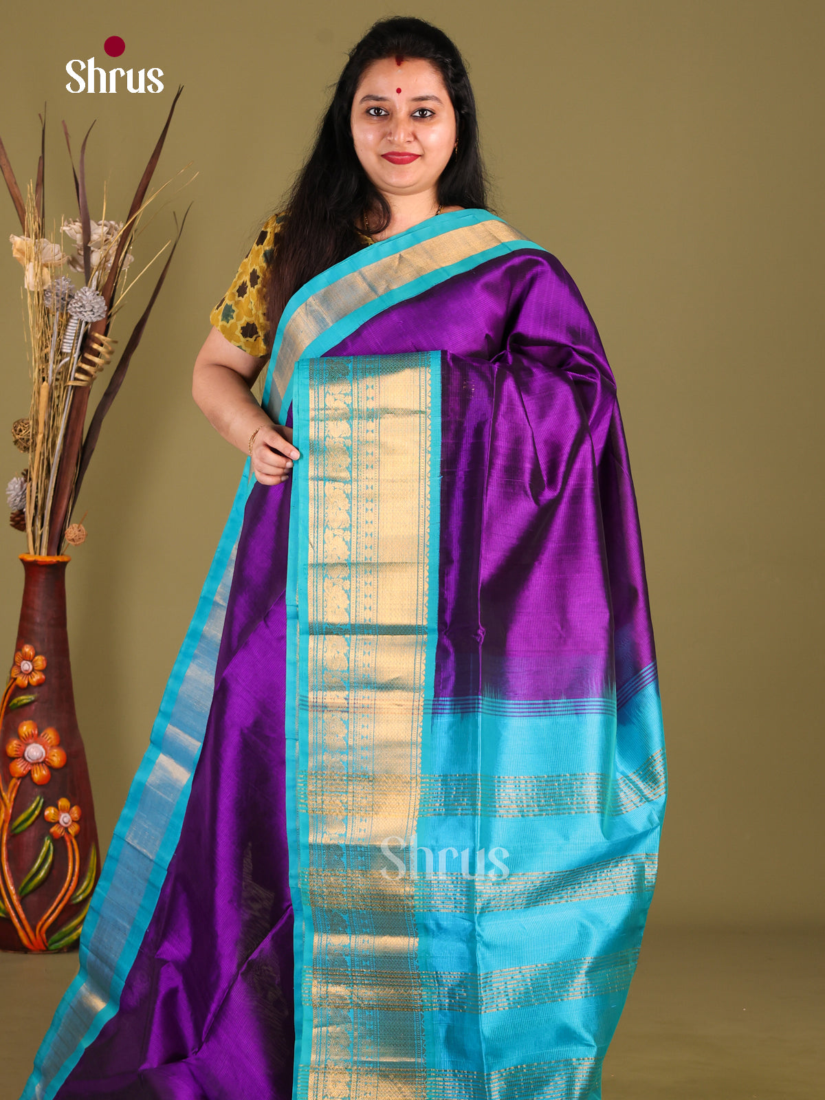 Violet & Blue Silk Cotton Korvai-Big border Saree - Shop on Shrus.com