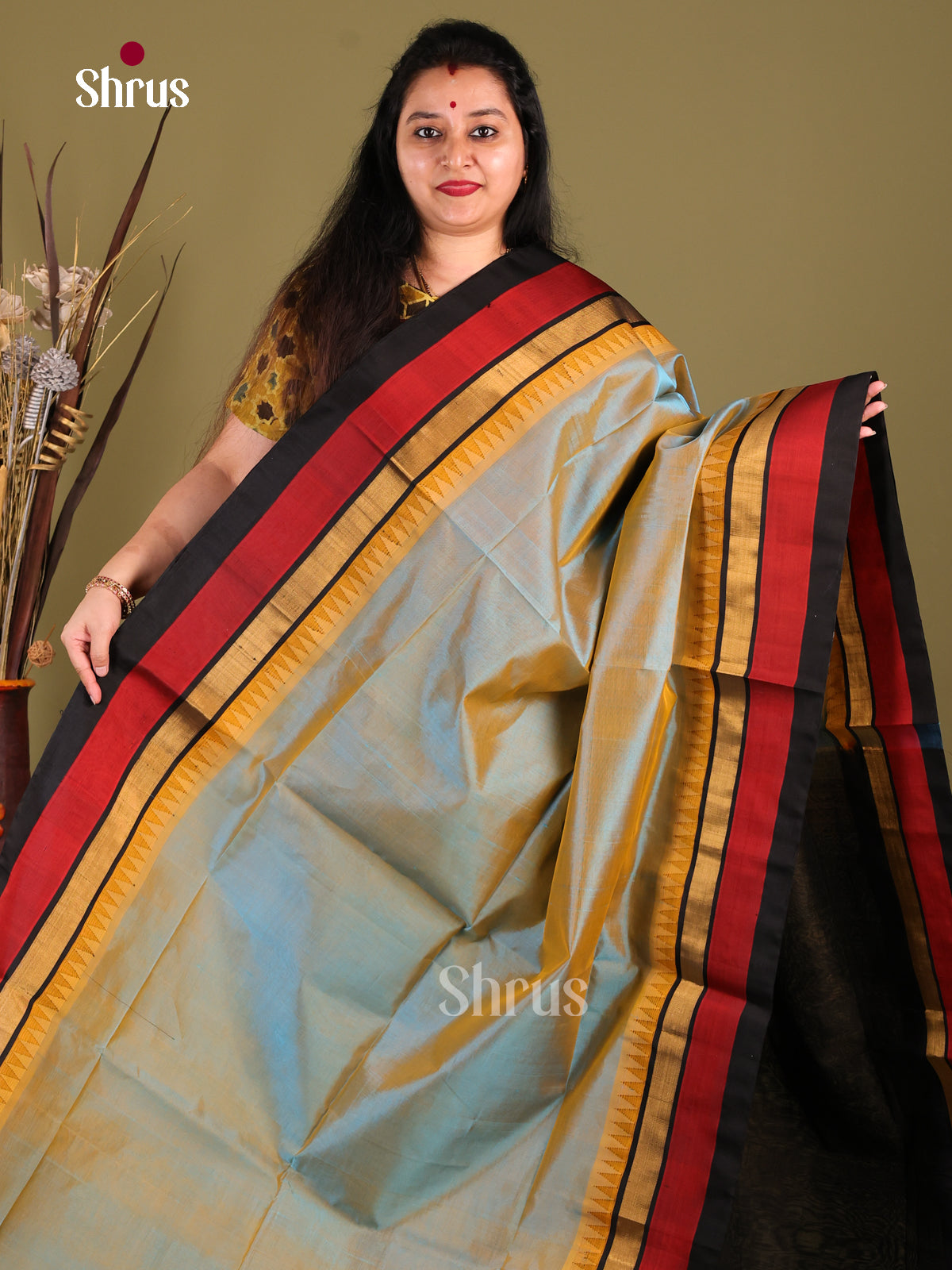 Grey & Black Silk cotton Temple-border Saree - Shop on Shrus.com
