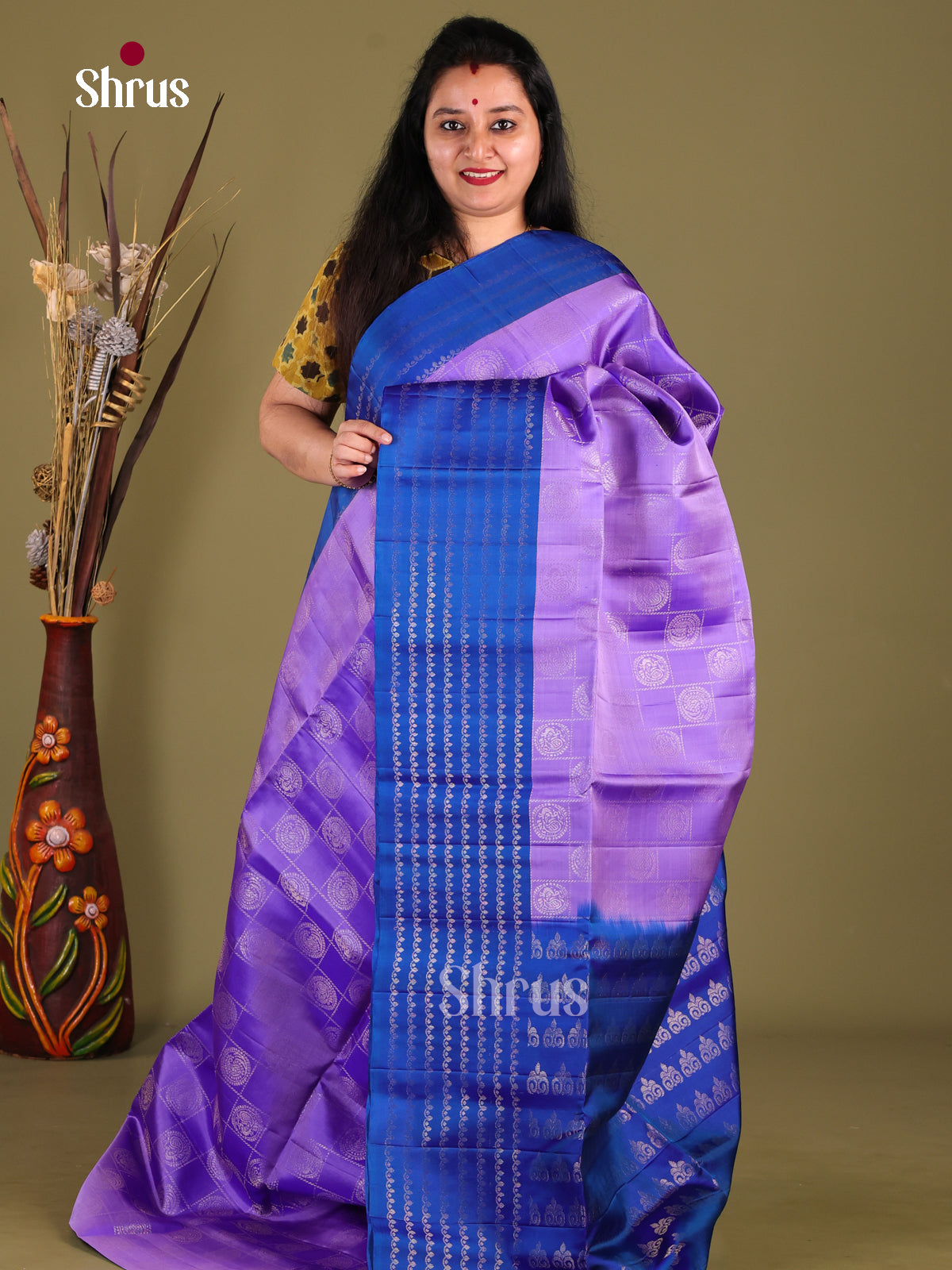 Timeless Purple Soft Silk Saree with zari checks, floral buttas & Blue Striped Border - Shop on Shrus.com