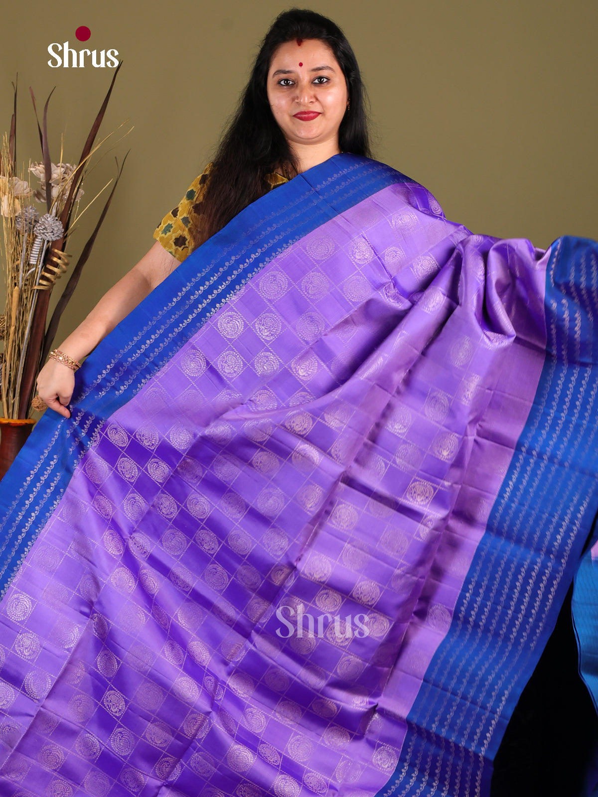 Timeless Purple Soft Silk Saree with zari checks, floral buttas & Blue Striped Border - Shop on Shrus.com