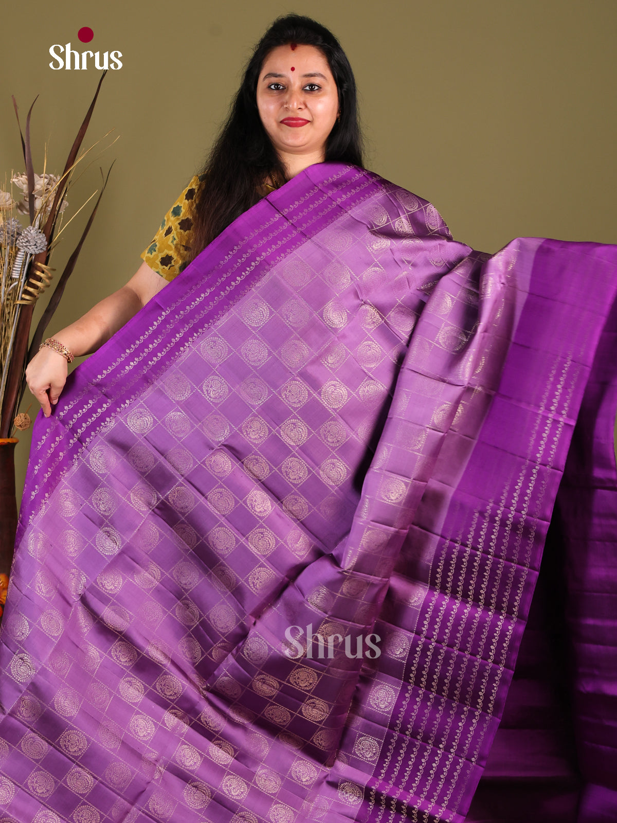 Beautiful Lavender Soft Silk Saree with zari checks, floral motifs & Purple Striped Border
