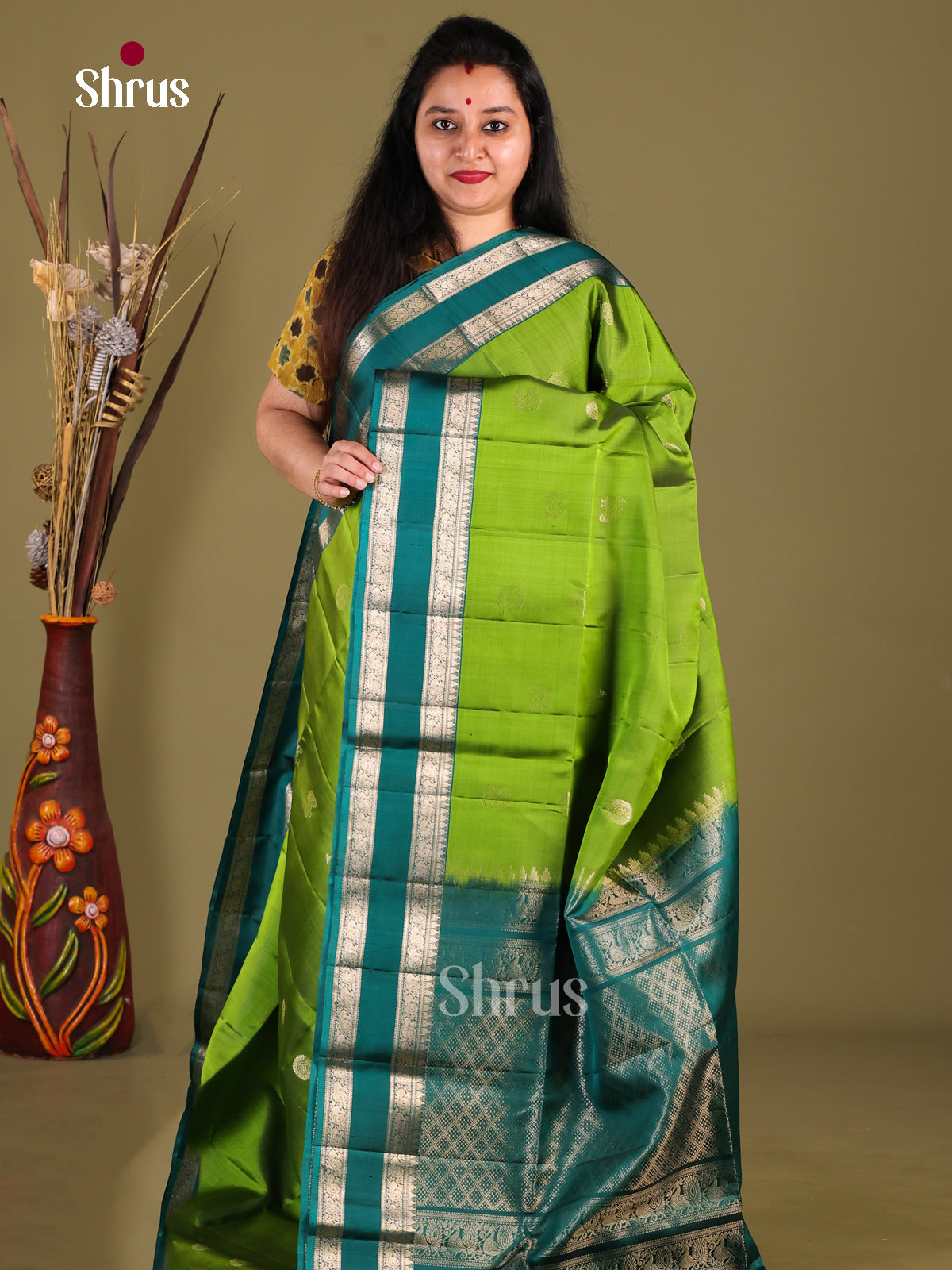 Light Green & Green Soft Silk Saree gleams with gold zari peacock , floral buttas - Shop on Shrus.com