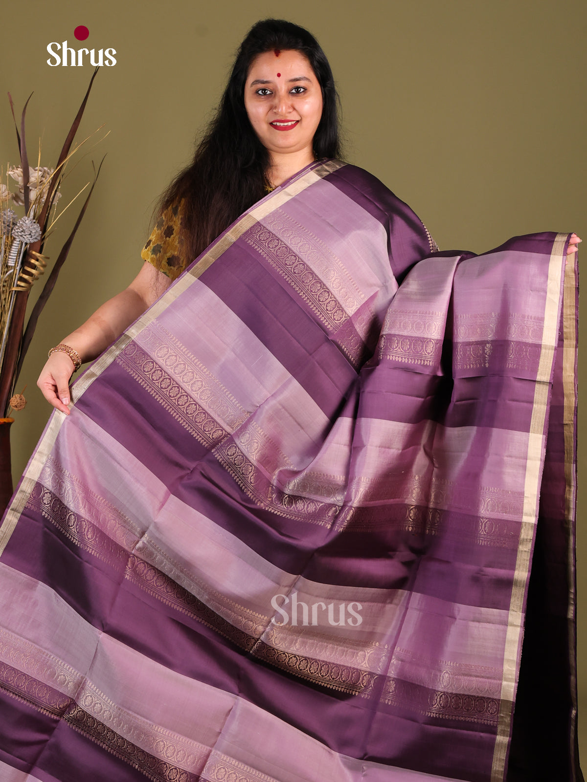 Lavender & Violet Soft Silk Saree with zari floral stripes - Shop on Shrus.com