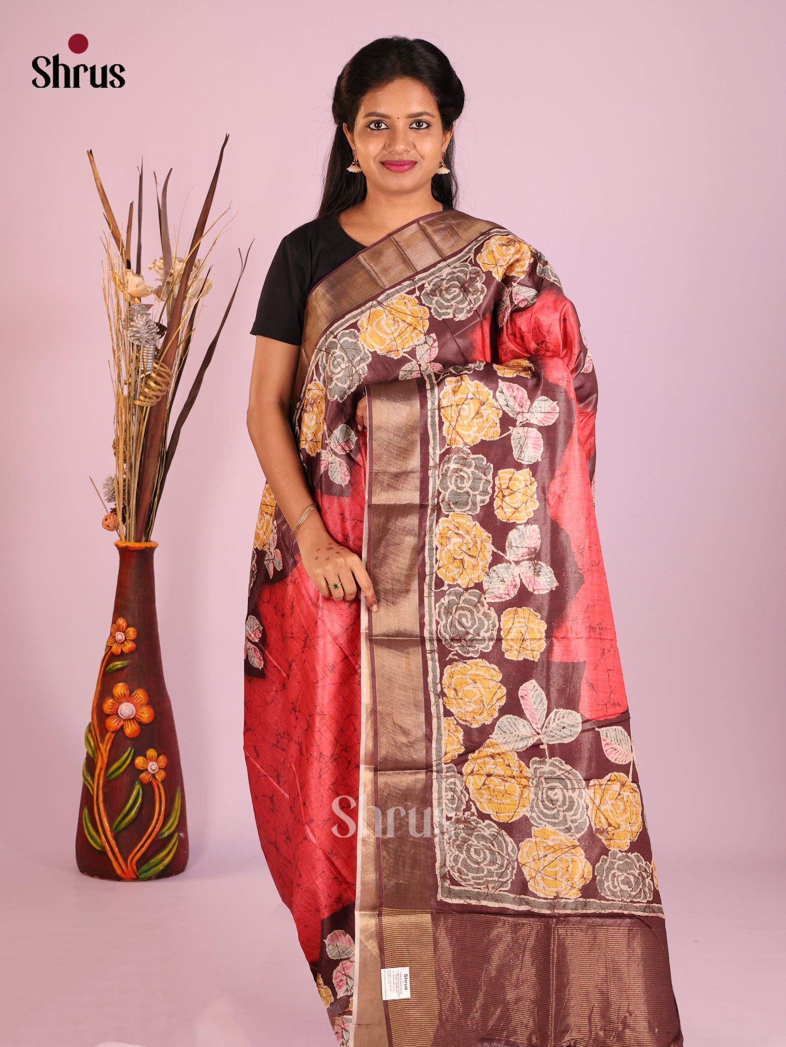 Red & Brown - Butter silk Saree