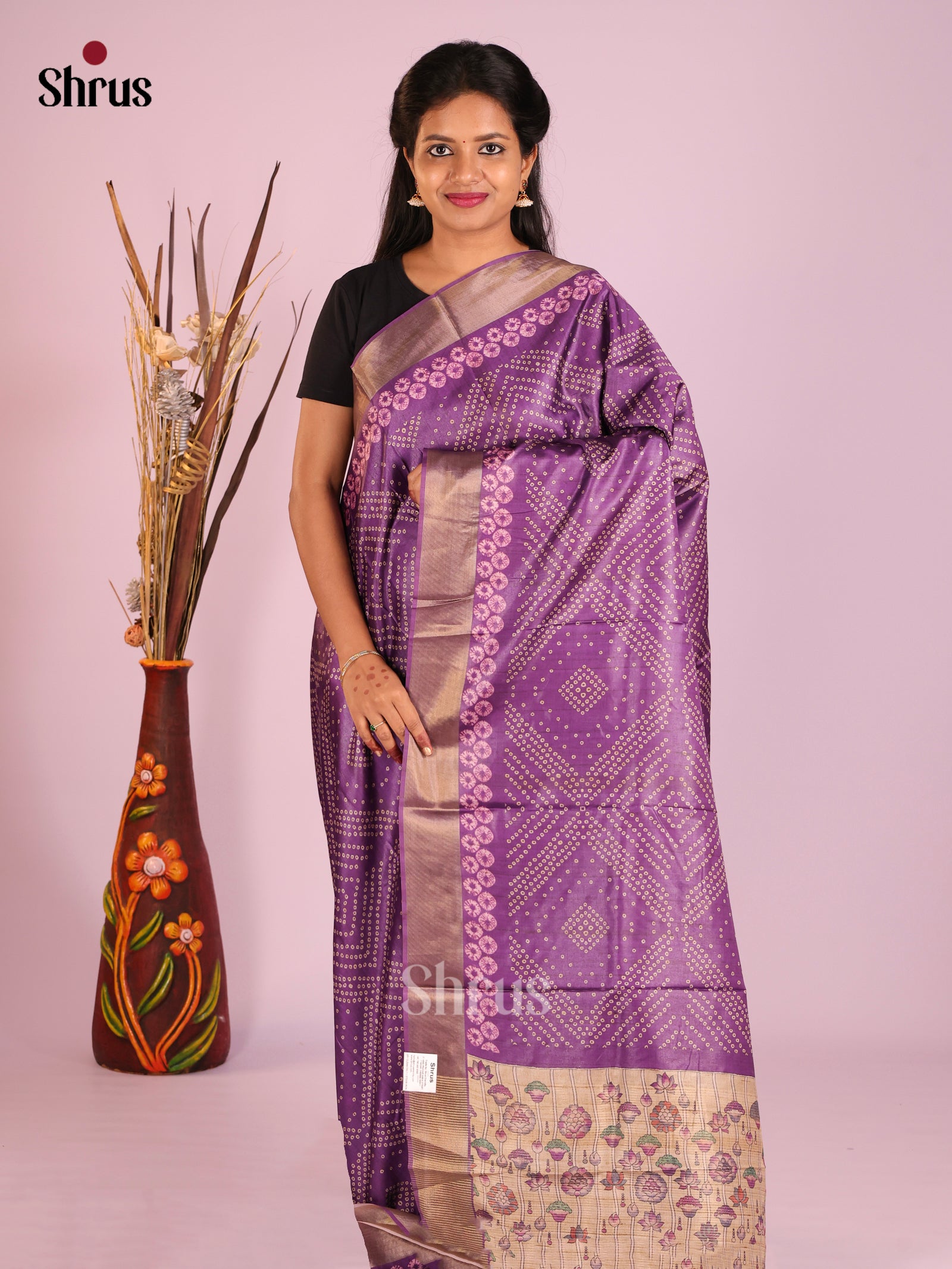 Purple & Beige - Butter silk Saree