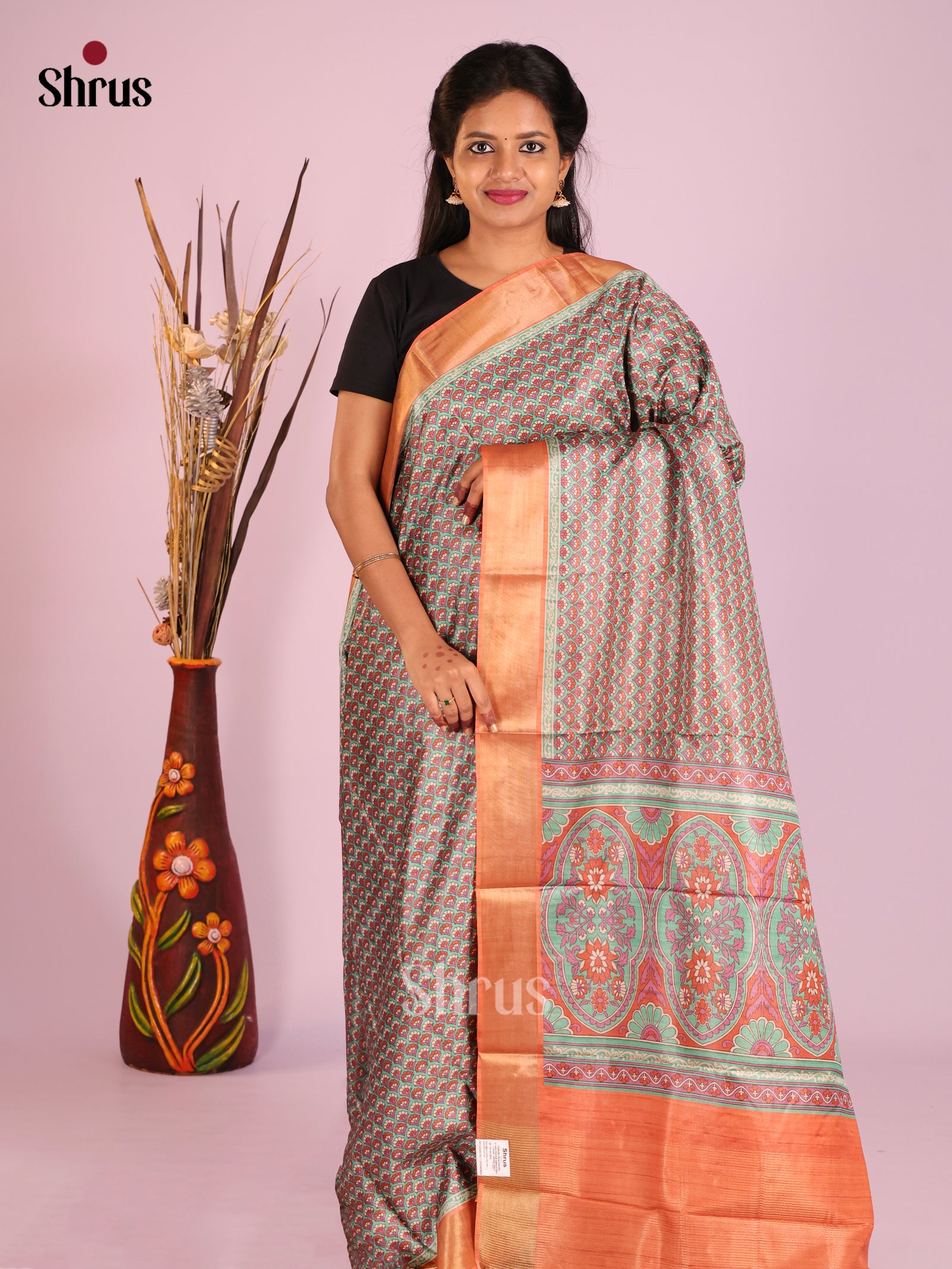 Grey & Orange - Butter silk Saree