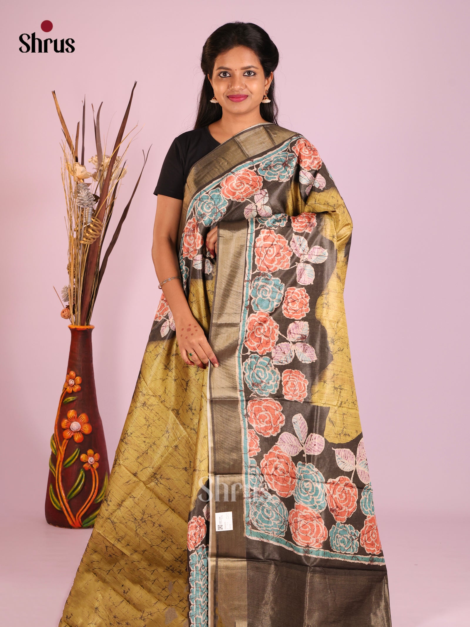 Mehandi & Dark Brown - Butter silk Saree