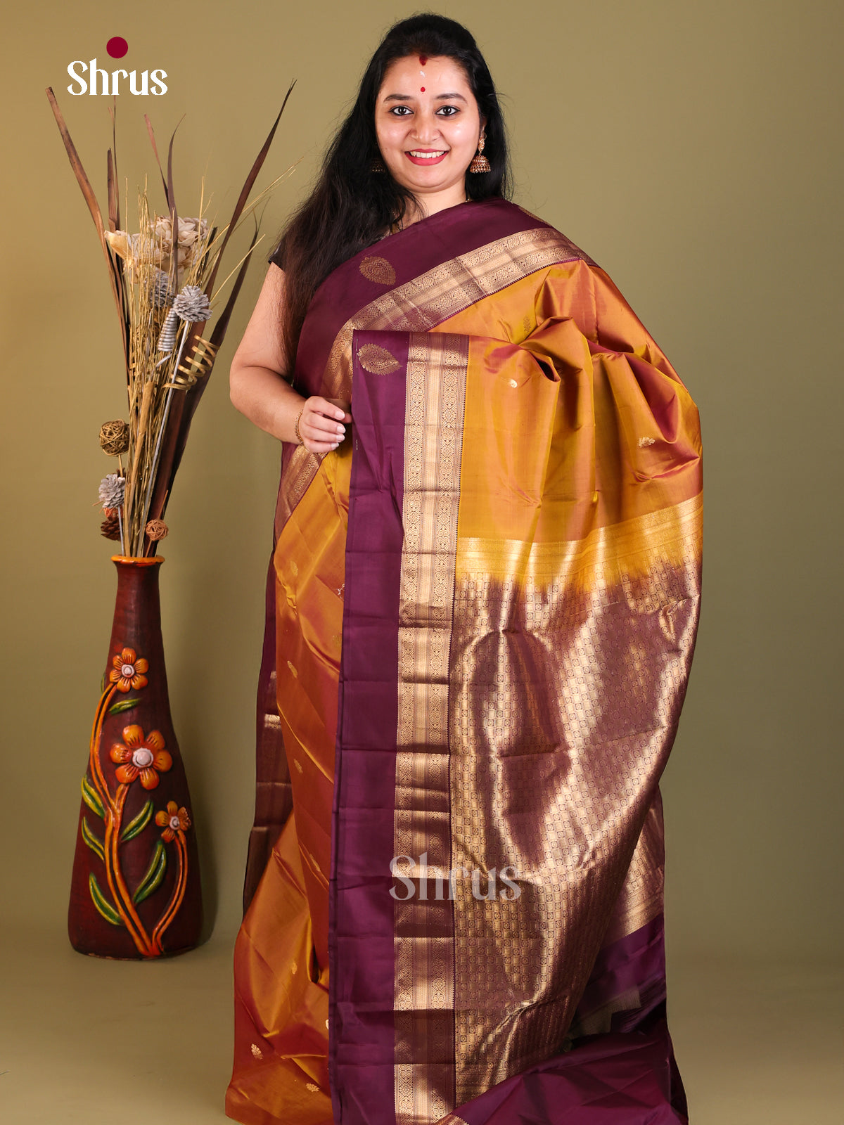 mustard and brown  Kanchipuram Butta design Saree