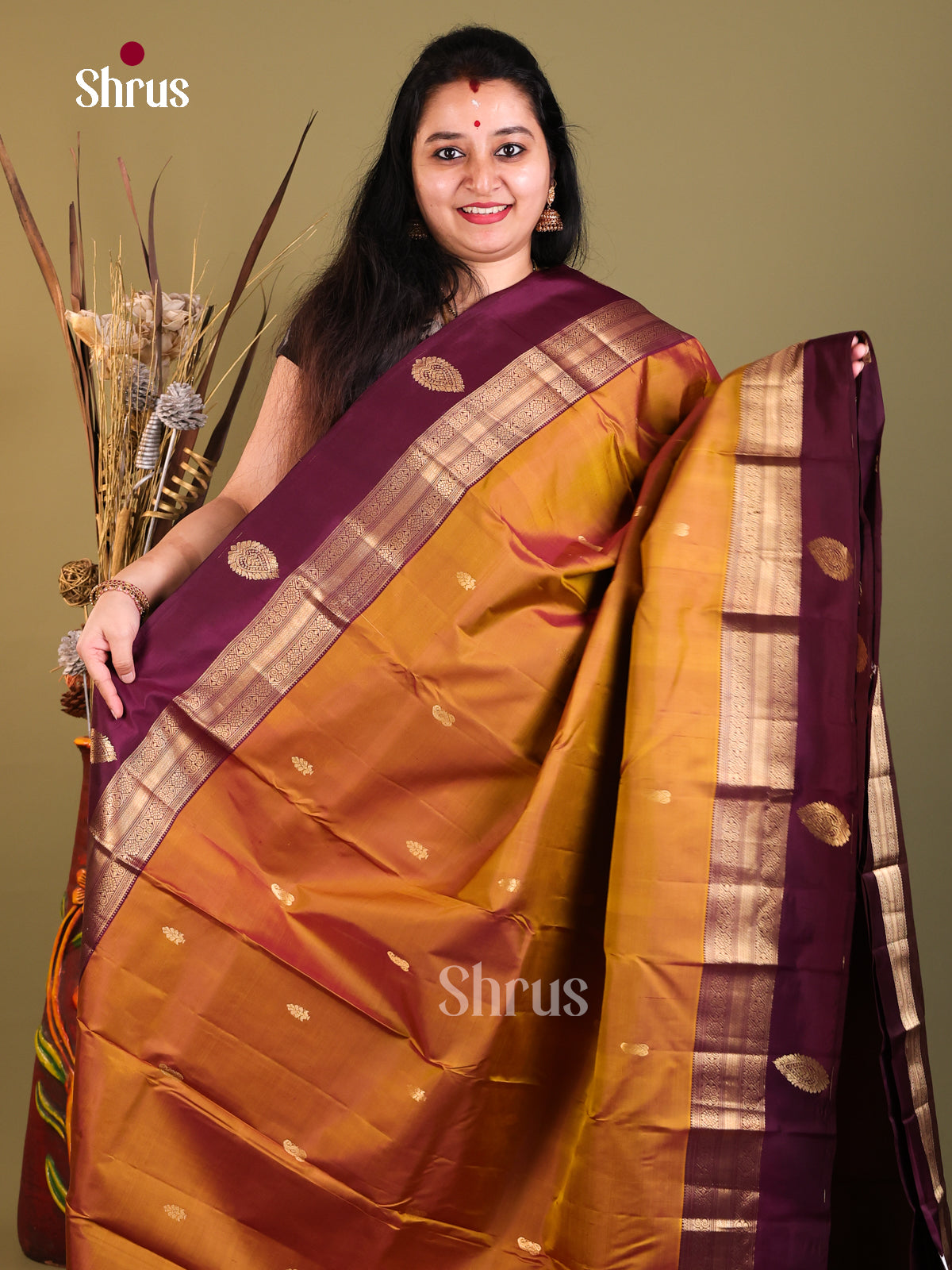 mustard and brown  Kanchipuram Butta design Saree -1