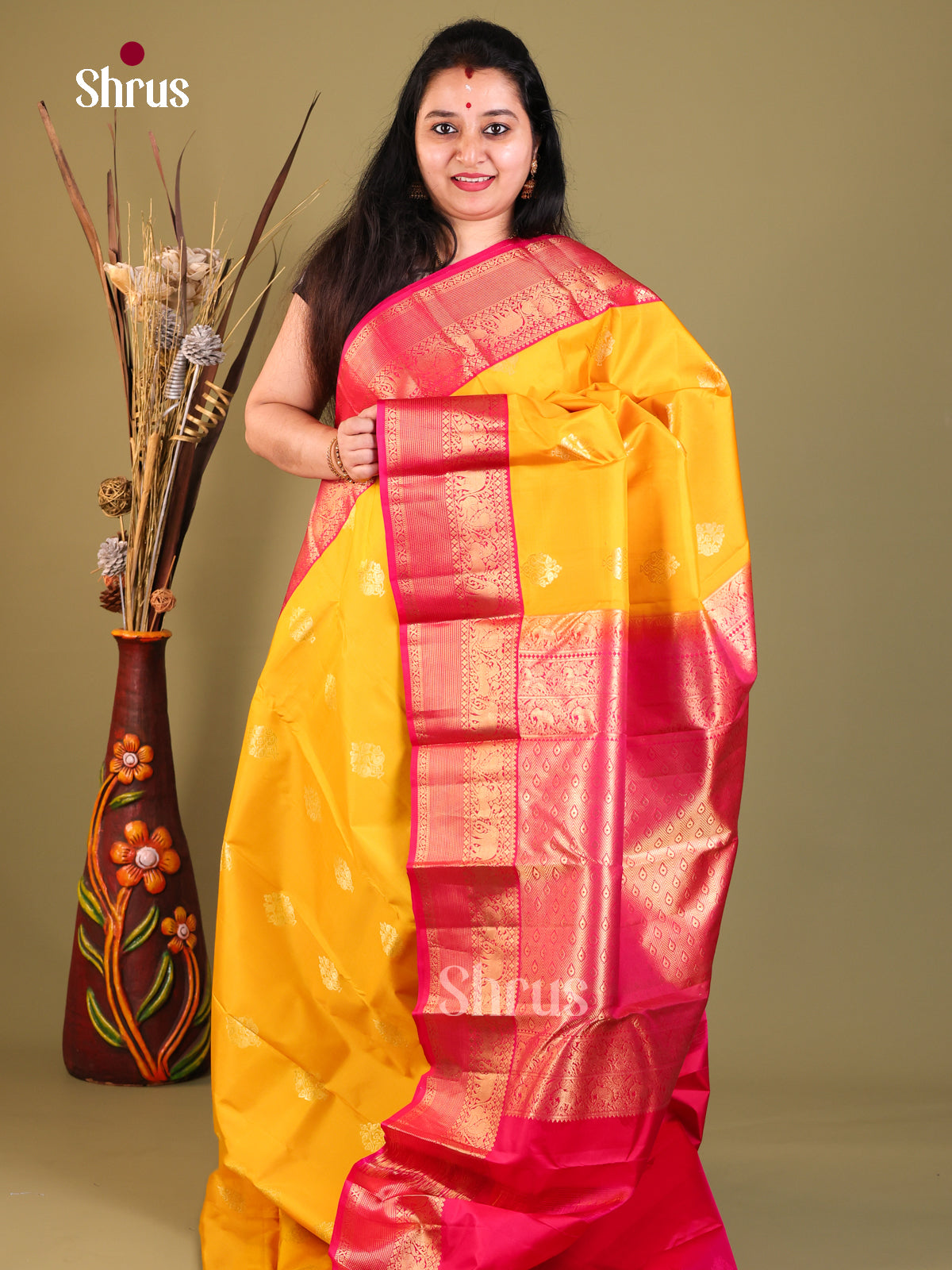 yellow red Kanchipuram Butta design Saree