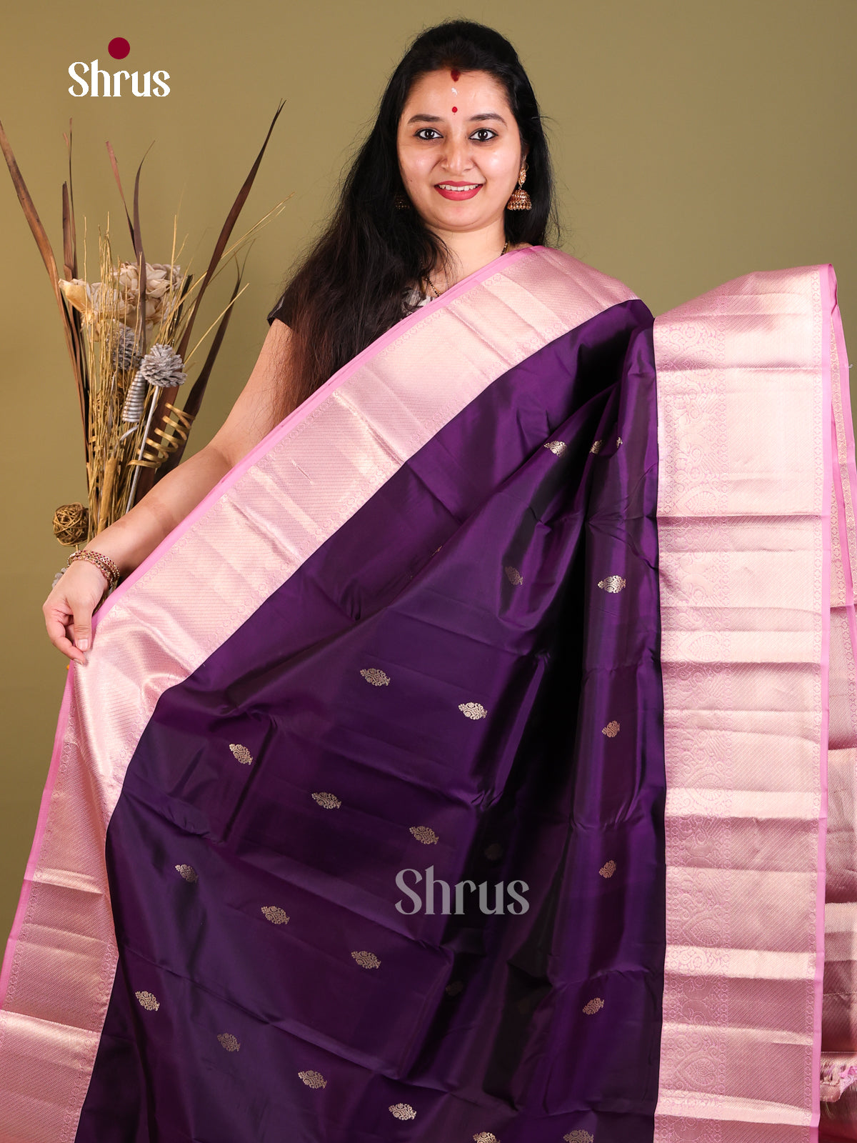 violet and pink Kanchipuram Korvai Butta Saree -1