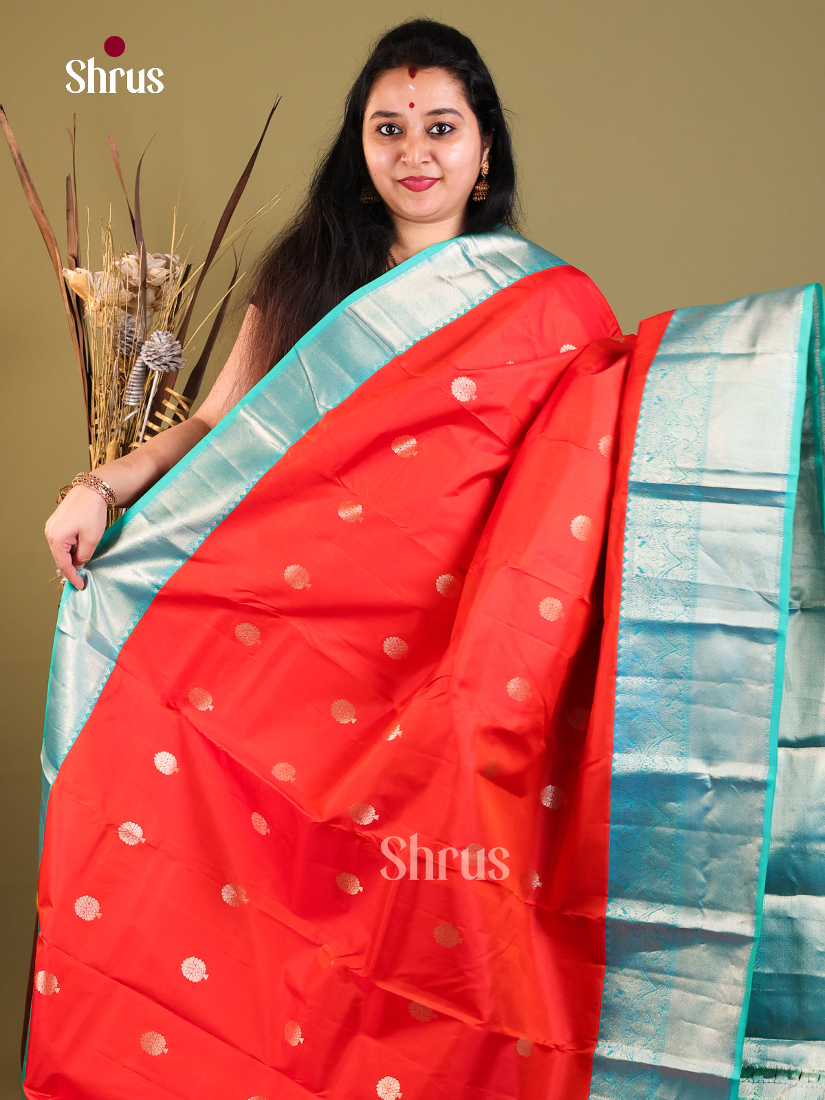 orange blue Kanchipuram Korvai Butta Saree -1