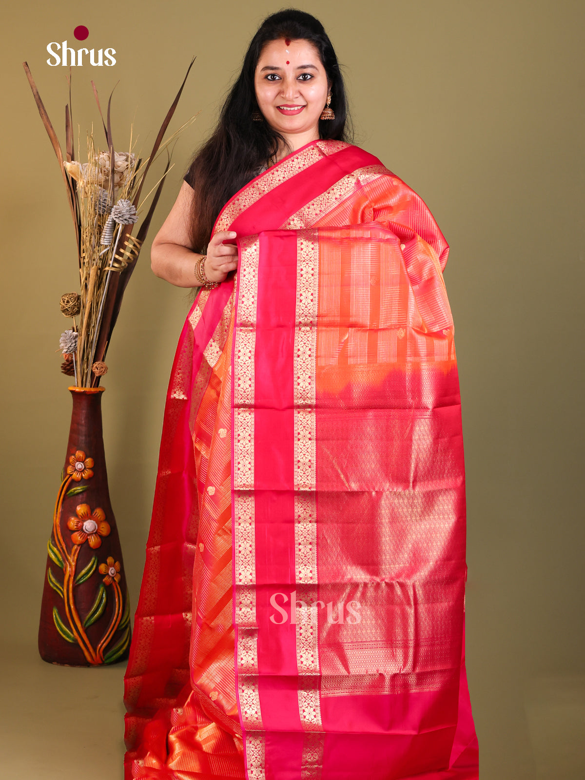 orange red Kanchipuram Rettapet Saree