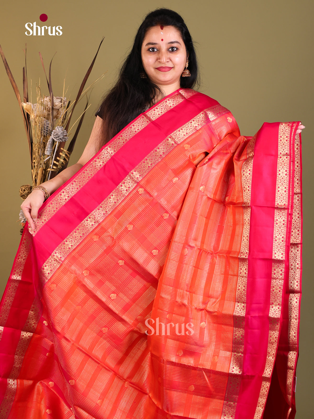 orange red Kanchipuram Rettapet Saree -1
