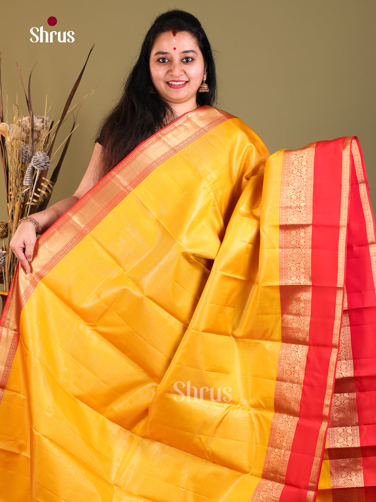 yellow and red Kanchipuram Rettapet Saree -1