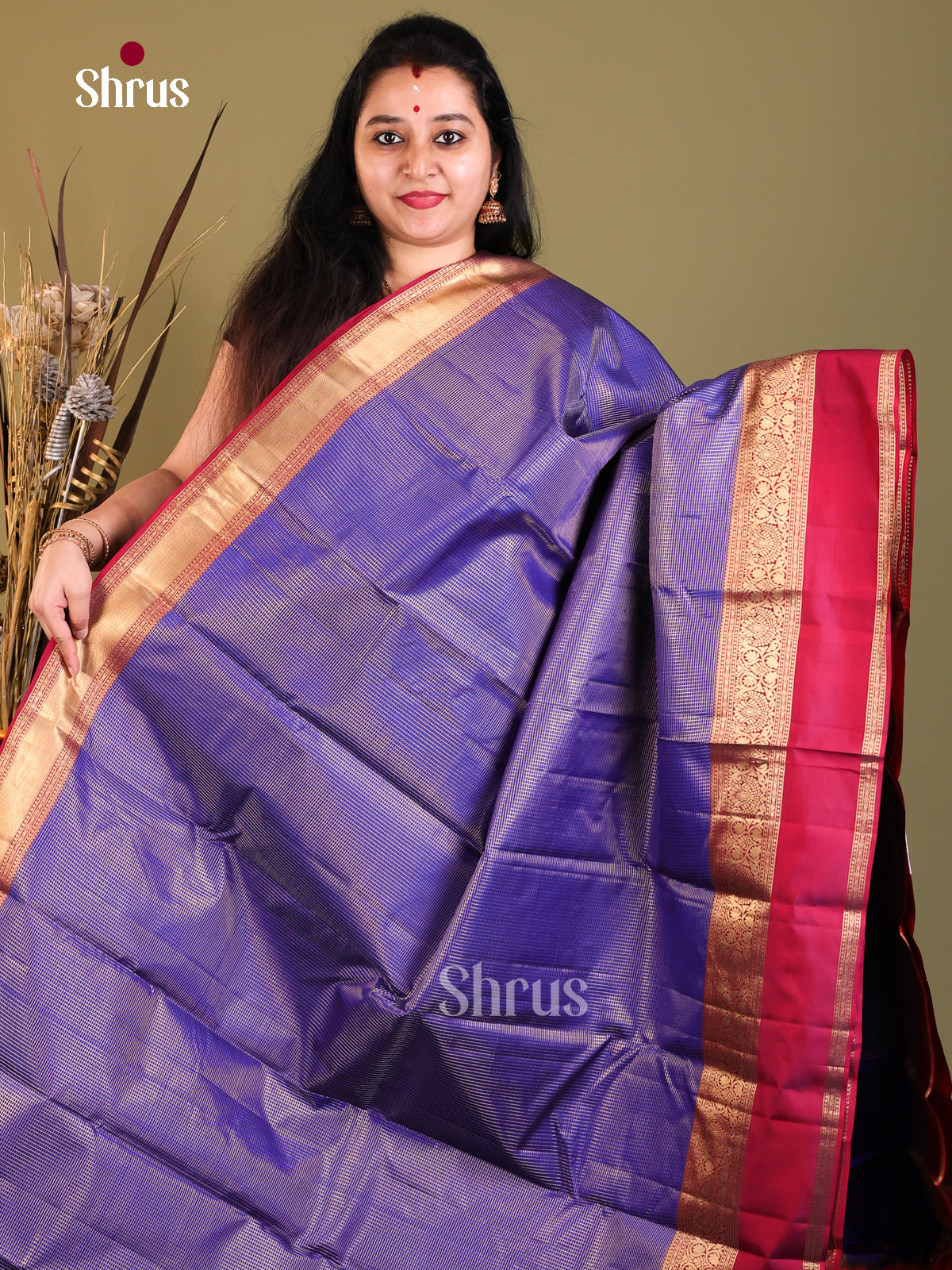 blue red lined Kanchipuram Rettapet Saree -1