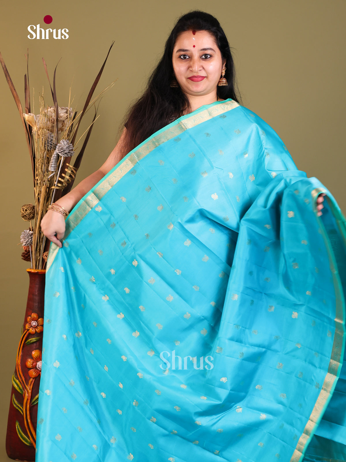 ice blue Kanchipuram Butta design Saree -1