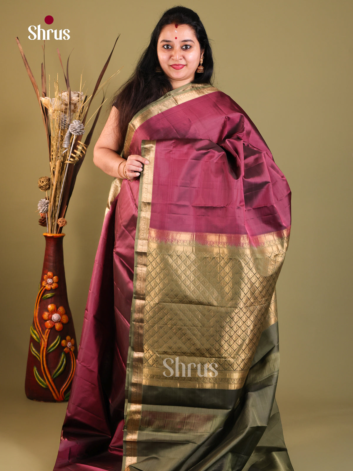 maroon and green Kanchipuram Butta design Saree 