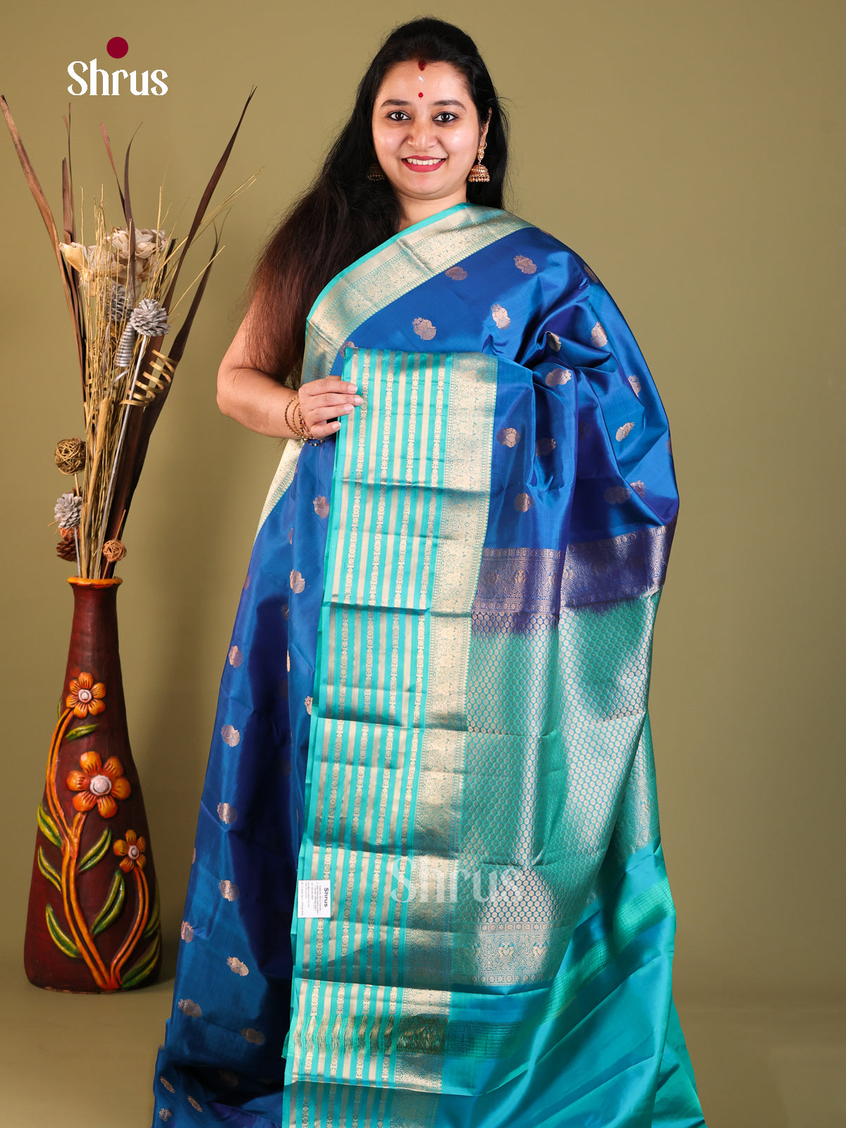 blue and sky blue Kanchipuram Butta design Saree -1