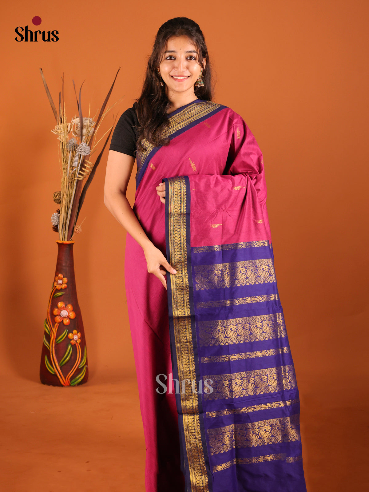 Pink & Blue - Kalyani Cotton Saree - Shop on Shrus.com