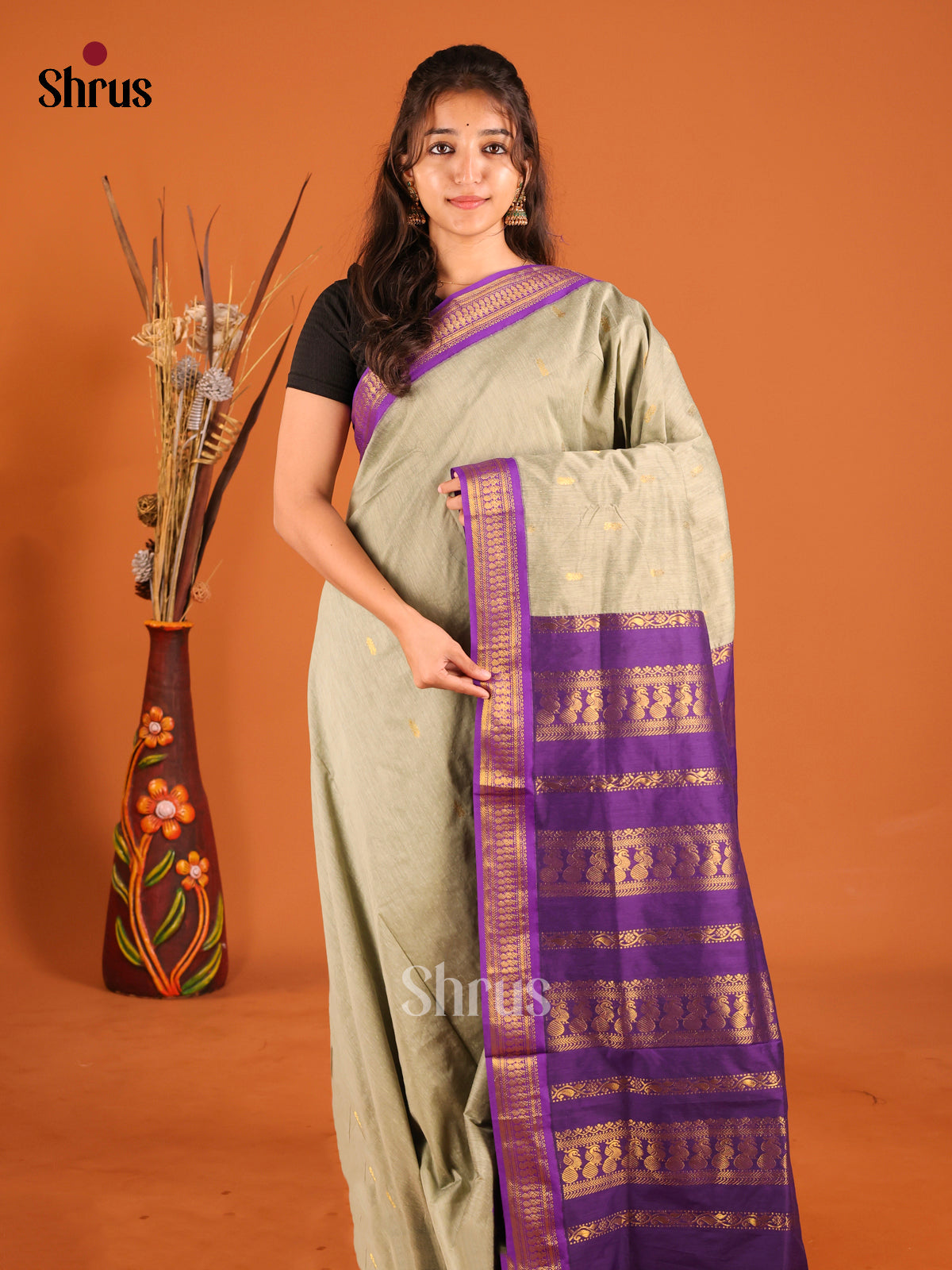 Grey & Purple - Kalyani Cotton Saree - Shop on Shrus.com