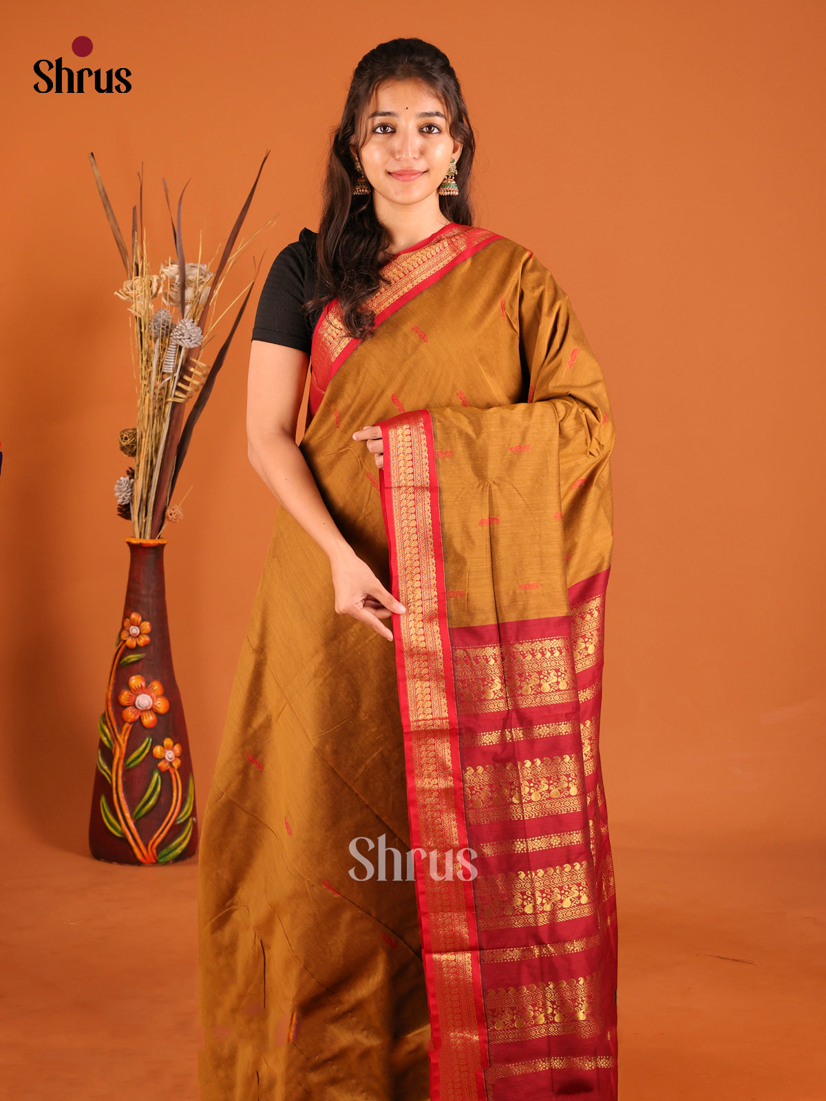 Mustard & Red- Kalyani Cotton Saree - Shop on Shrus.com