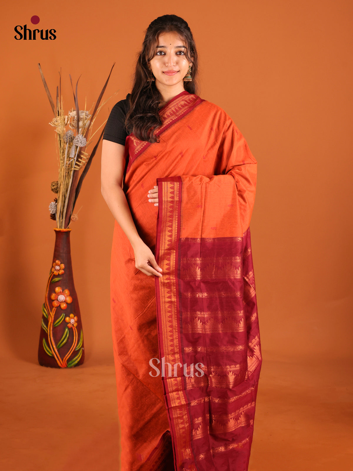 Orange & Maroon- Kalyani Cotton Saree - Shop on Shrus.com