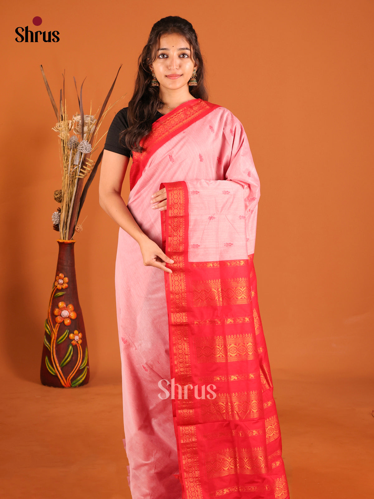 Pink & Red - Kalyani Cotton Saree - Shop on Shrus.com
