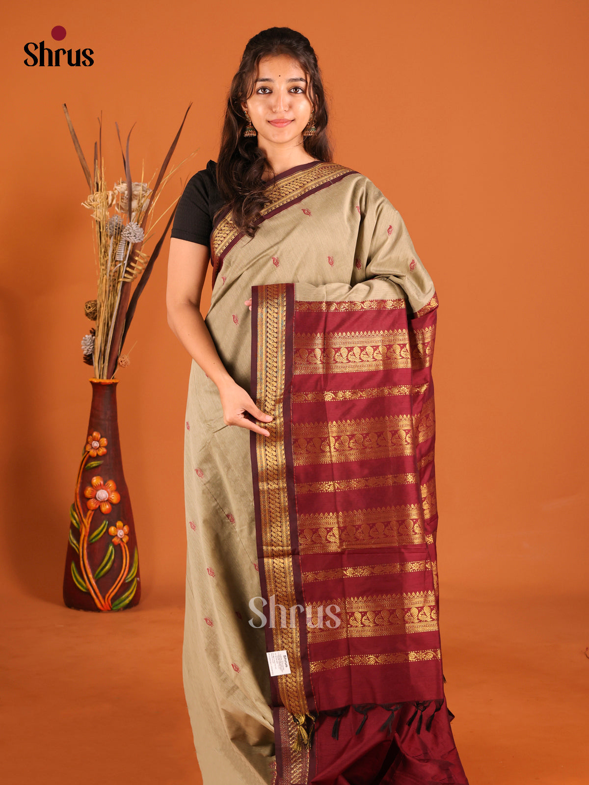 Grey & Maroon - Kalyani Cotton Saree - Shop on Shrus.com