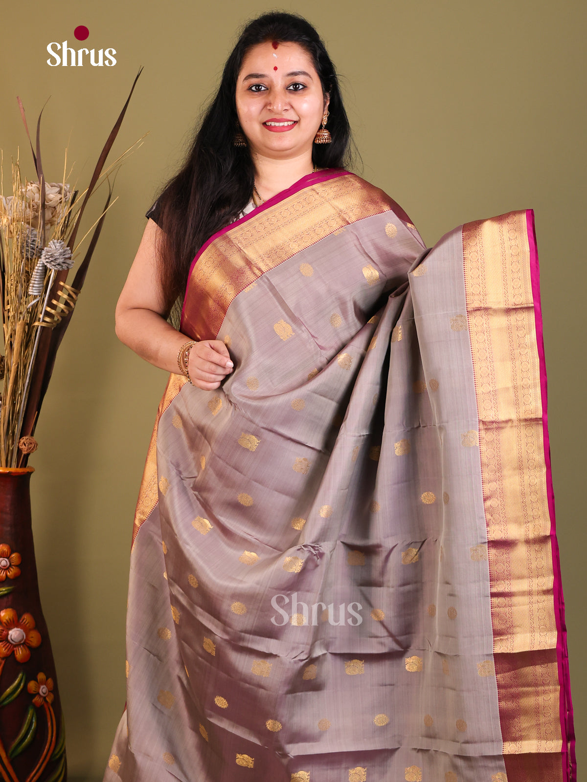 Grey & Purple- Kanchipuram-halfpure Saree - Shop on Shrus.com
