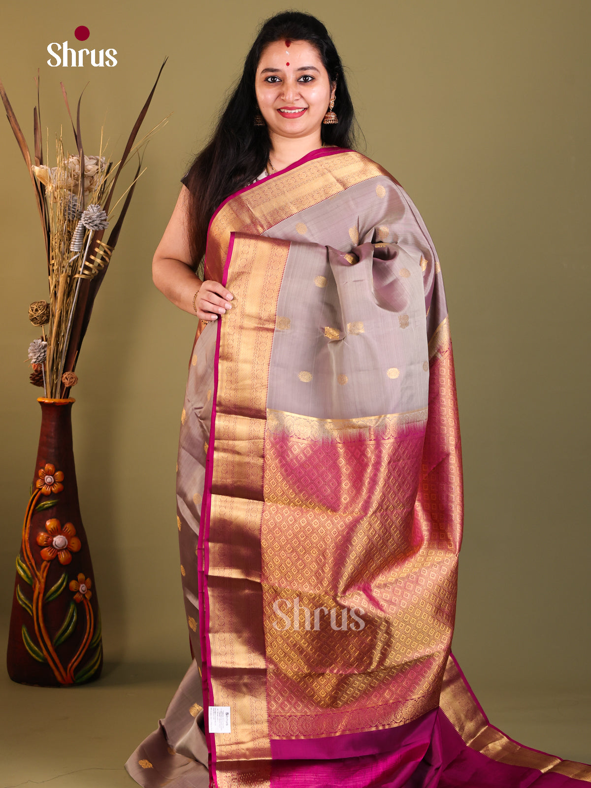 Grey & Purple- Kanchipuram-halfpure Saree - Shop on Shrus.com