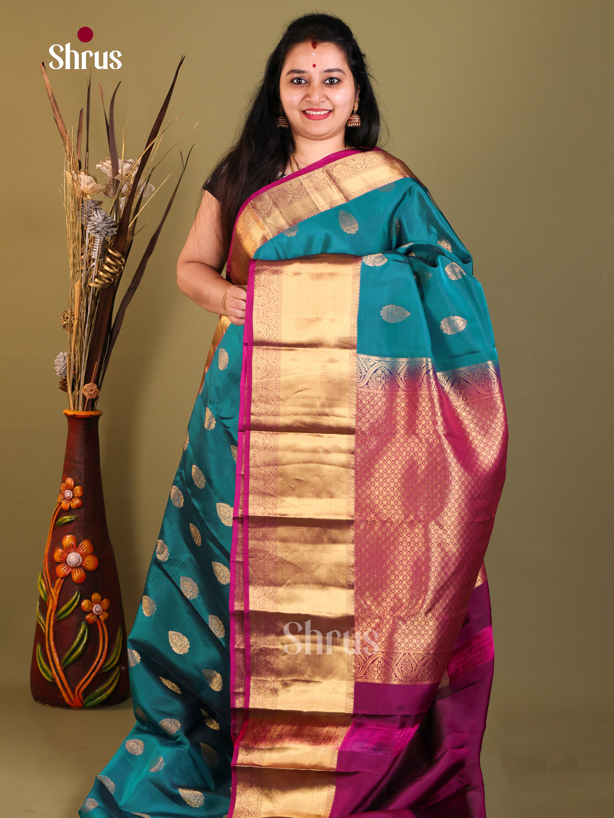 Peacock Blue  & Purple - Kanchipuram-halfpure Saree - Shop on Shrus.com