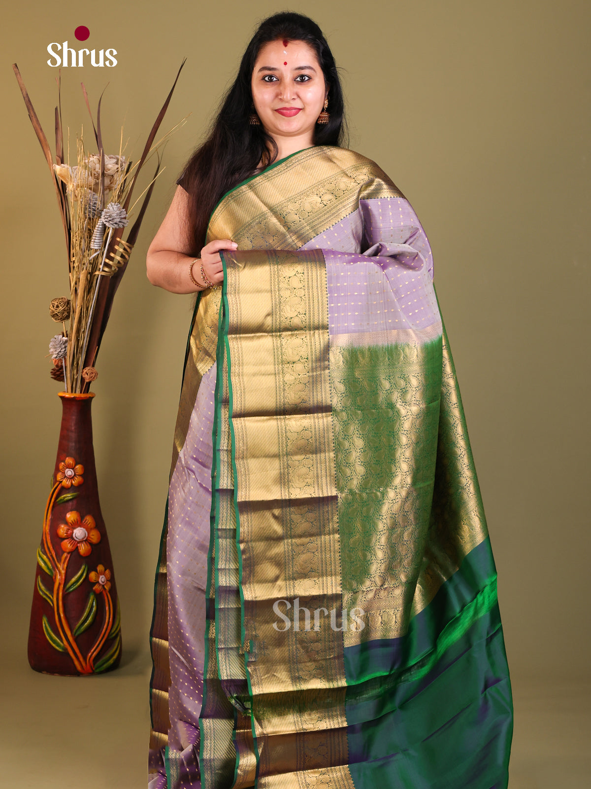 Lavender & Green - Kanchipuram-halfpure Saree - Shop on Shrus.com