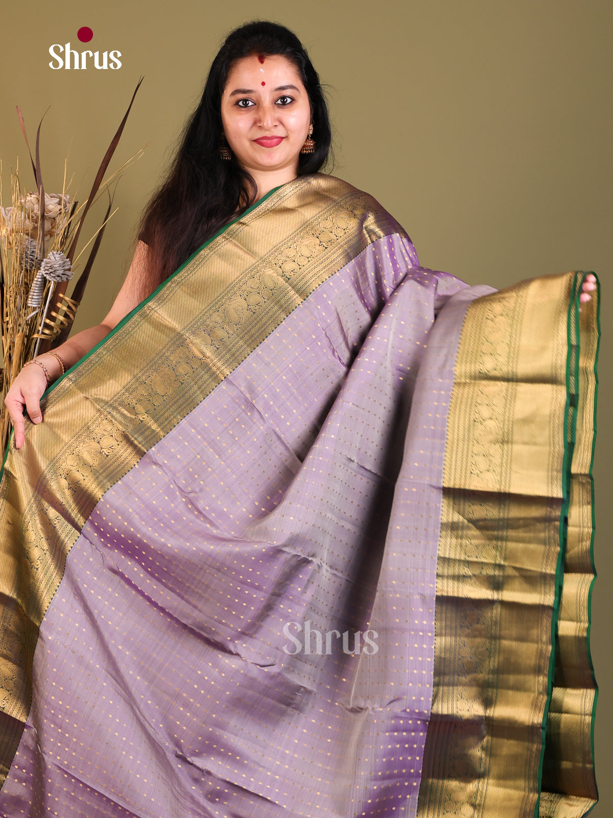 Lavender & Green - Kanchipuram-halfpure Saree - Shop on Shrus.com