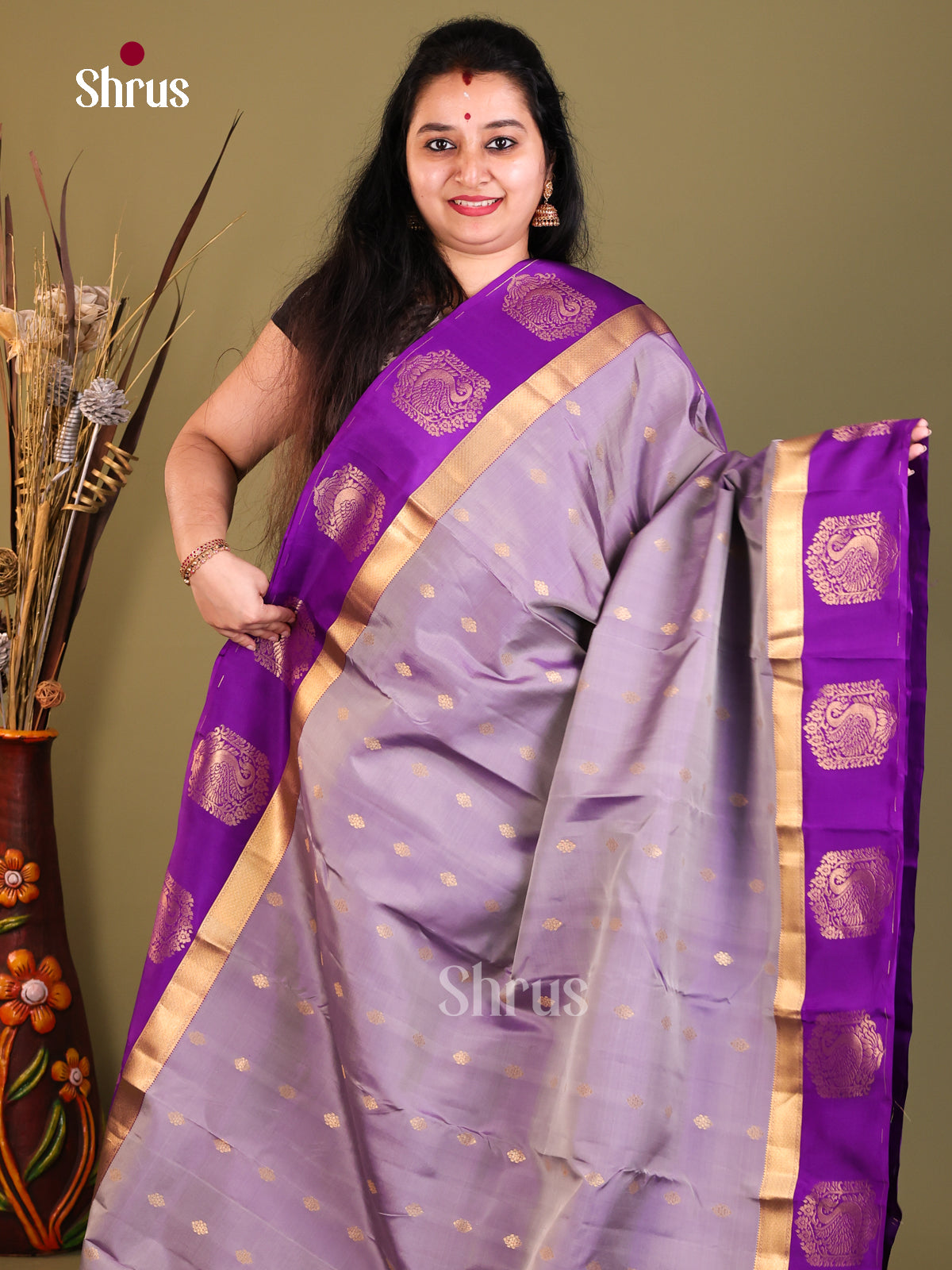 Lavender & Purple - Kanchipuram-halfpure Saree - Shop on Shrus.com