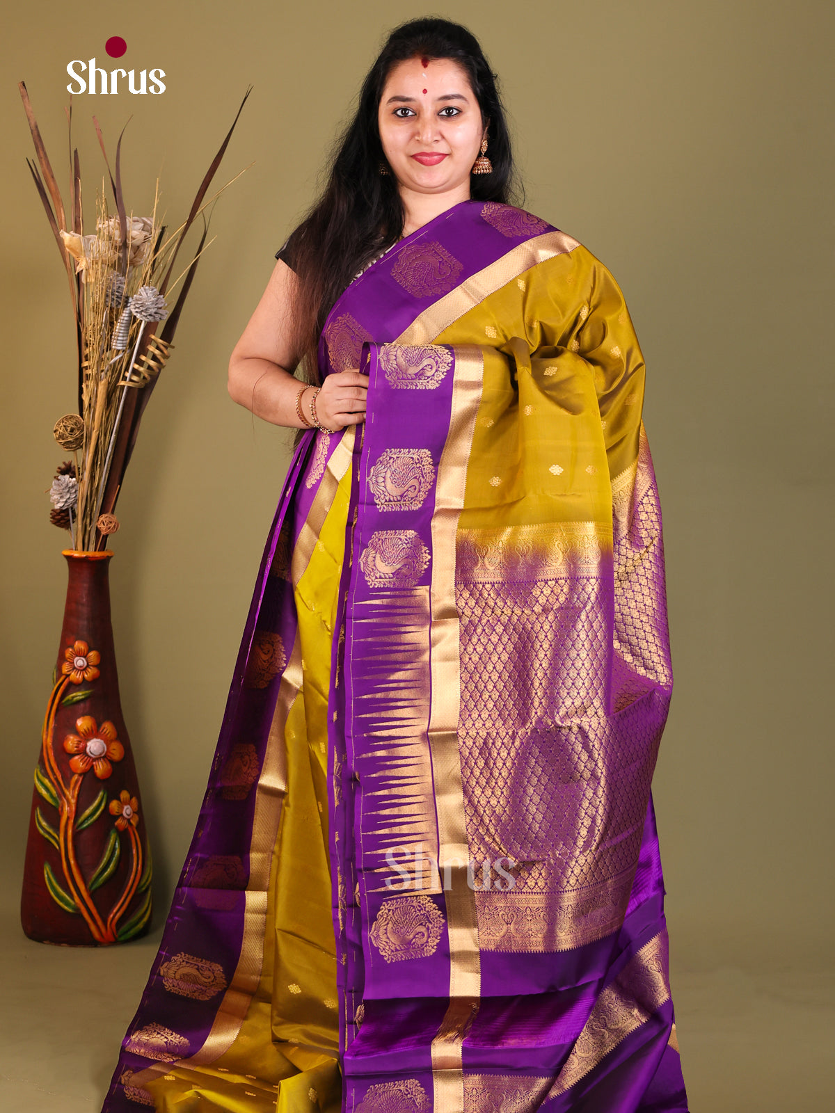 Mehandi & Purple- Kanchipuram-halfpure Saree - Shop on Shrus.com