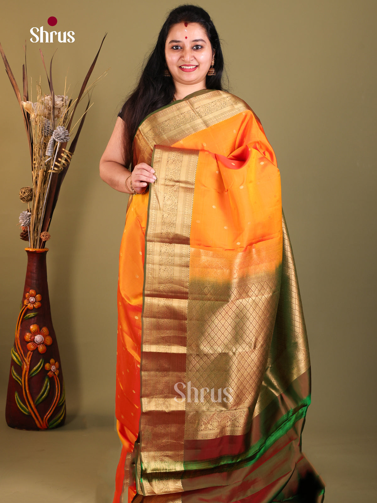Orange & Green - Kanchipuram-halfpure Saree - Shop on Shrus.com