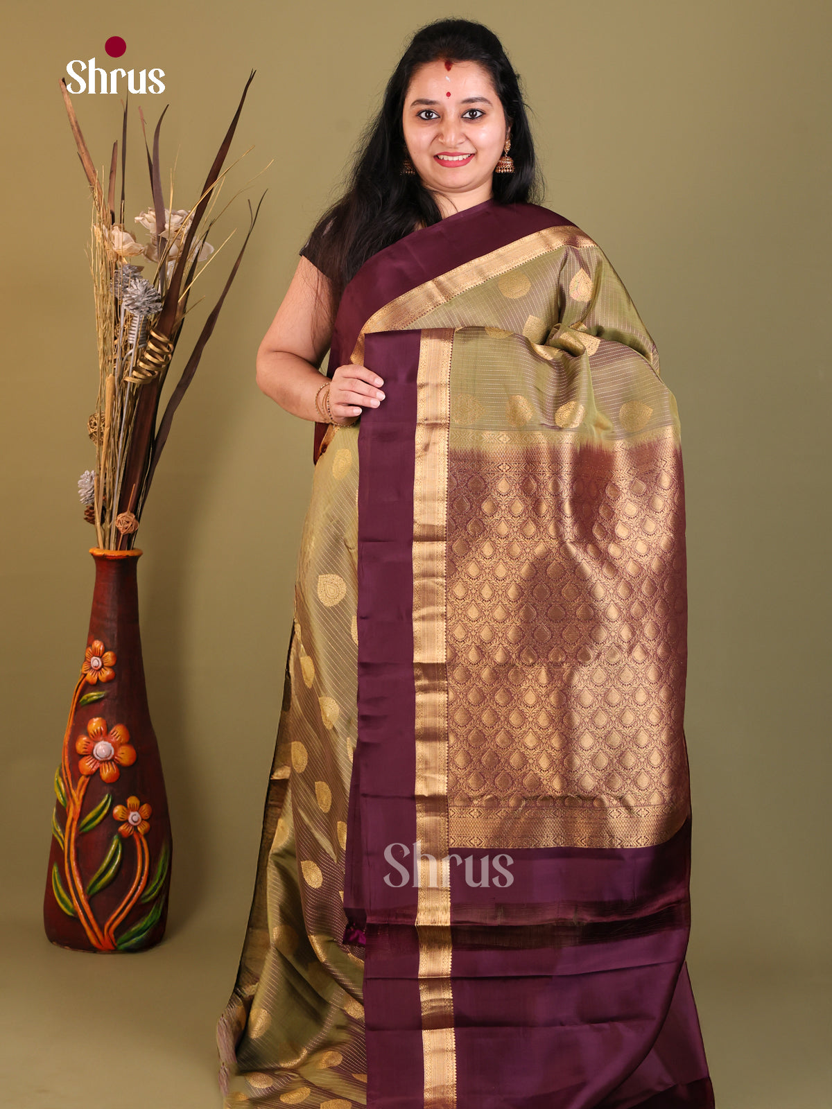 Elachi Green & Purple - Kanchipuram-halfpure Saree - Shop on Shrus.com