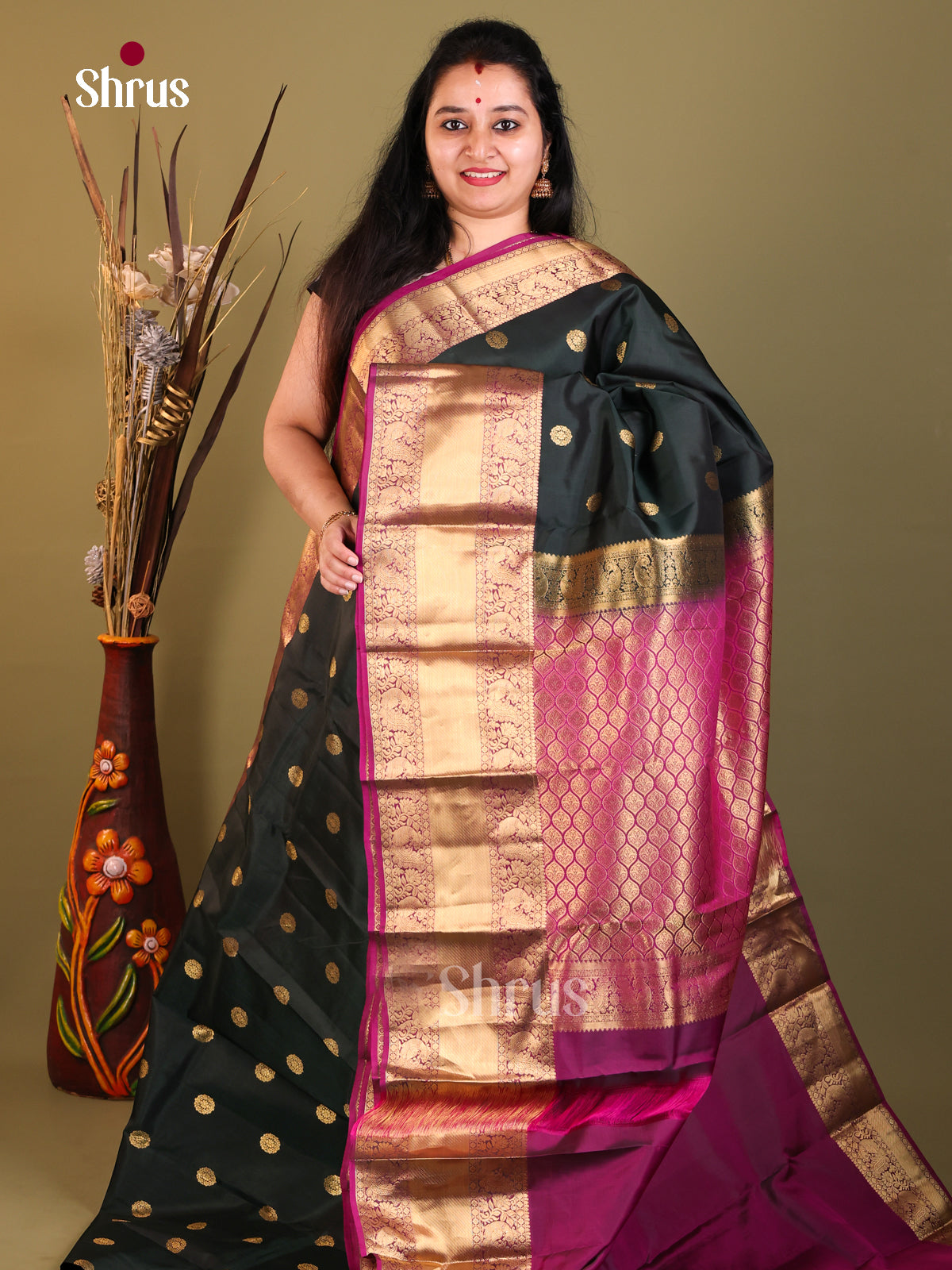 Dark Green & Purple - Kanchipuram-halfpure Saree - Shop on Shrus.com
