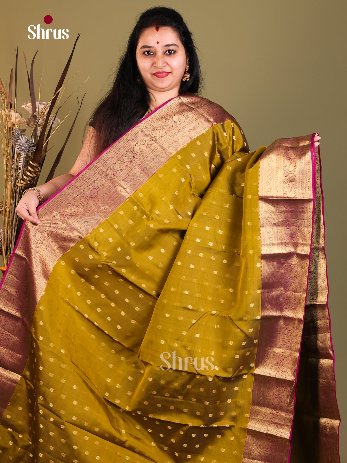 Mehandi Green & Purple - Kanchipuram-halfpure Saree - Shop on Shrus.com