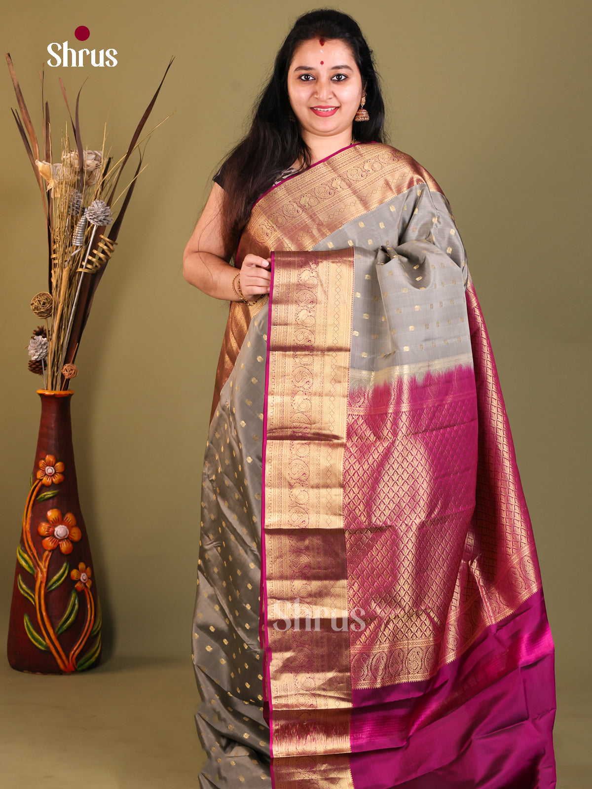 Grey & Purple - Kanchipuram-halfpure Saree - Shop on Shrus.com