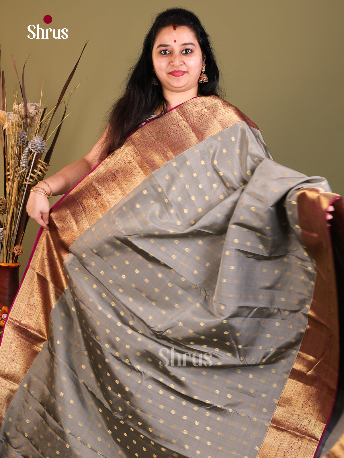 Grey & Purple - Kanchipuram-halfpure Saree - Shop on Shrus.com