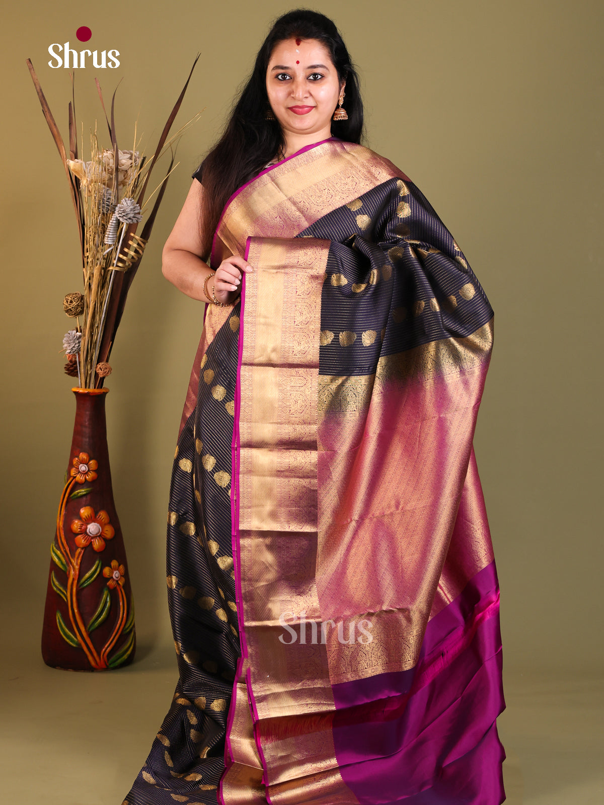 Navy Blue & Purple- Kanchipuram-halfpure Saree - Shop on Shrus.com